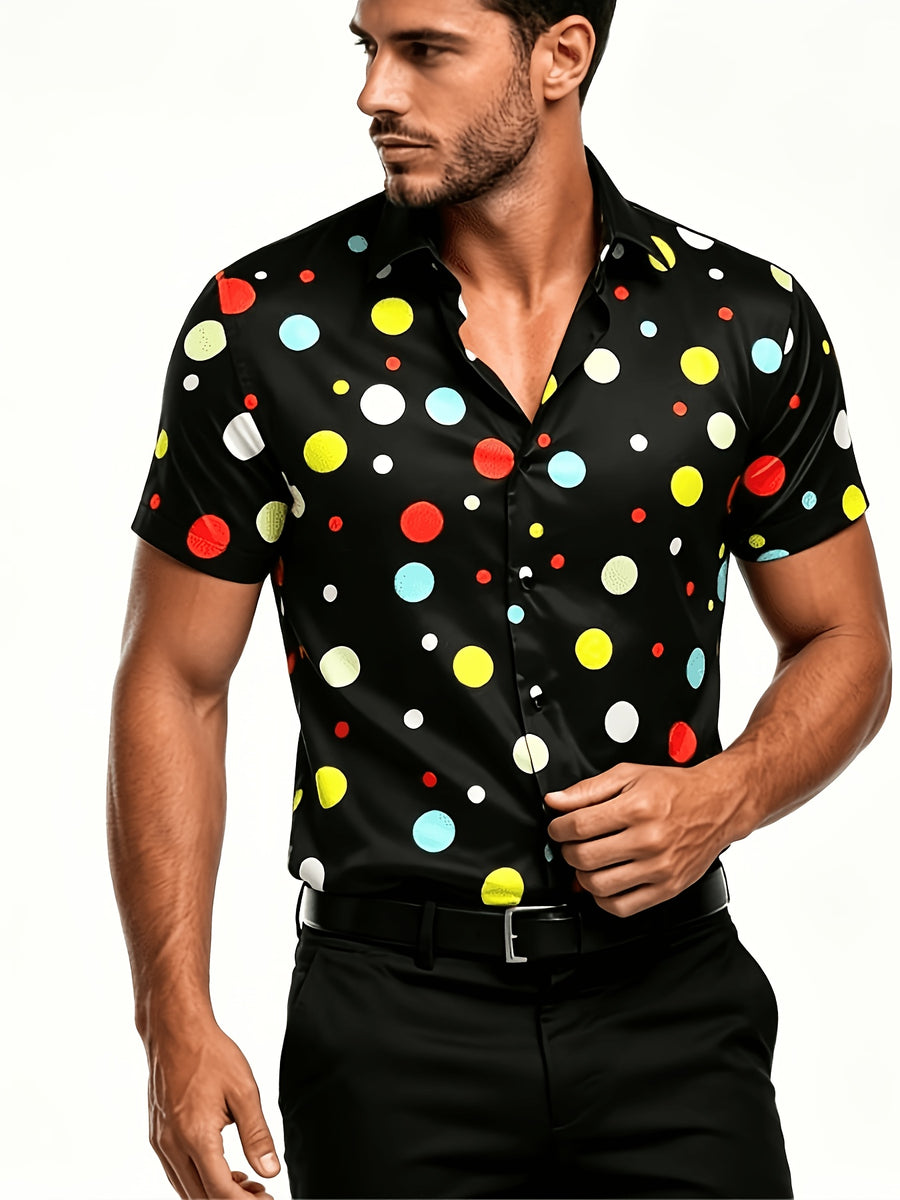 Fashion Retro Color-Block Black Background Colorful Polka Dot Men'S Short Sleeve Shirt, Summer Outing, Light Mature Style, Suitable for Daily Wear And Various Occasions - Red