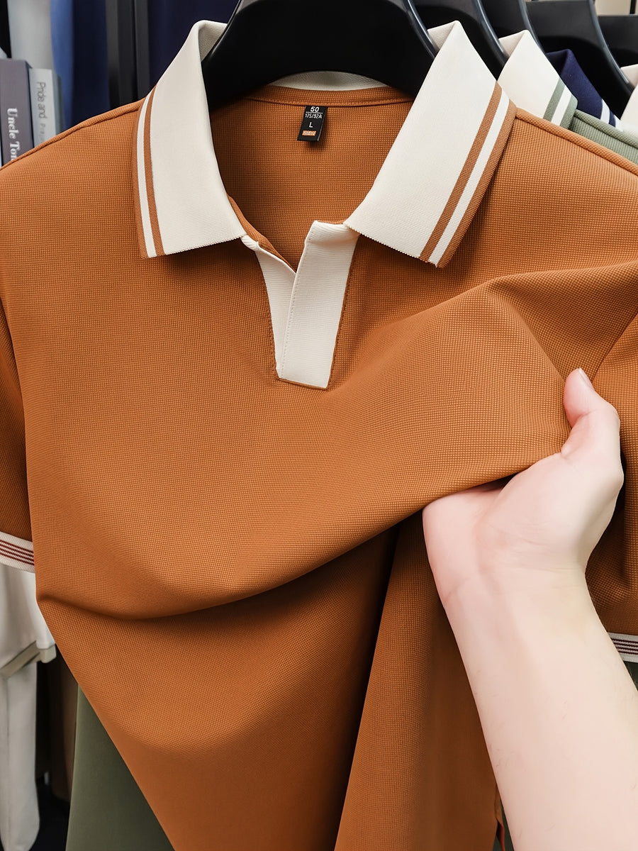 New Summer V-Neck Buttonless Lapel High-Stretch Short-Sleeve Men's T-Shirt, Fashionable Casual Sport Quick-Dry Men's Shirt, Skin-Friendly and Cool, Y Smooth Breathable Men's Top TX16215 - Tangerine