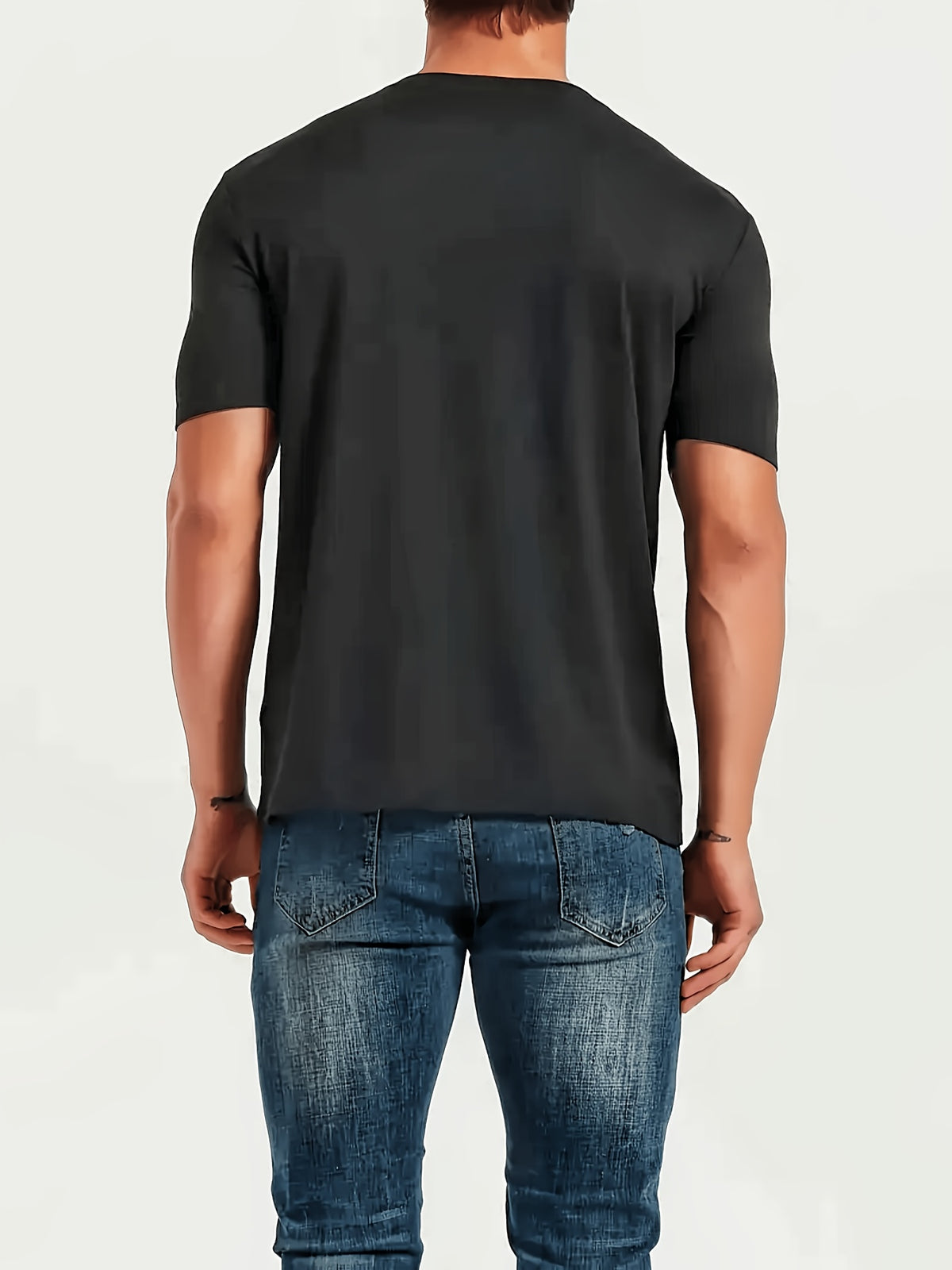 Men'S Summer Classic V-Neck Casual Short Sleeve T-Shirt 5pcs Set, Summer Essential | Solid Color, Quick-Dry Polyester Fiber, Ideal for Outdoor Running And Exercise, Machine Washable - 5PCS-Black