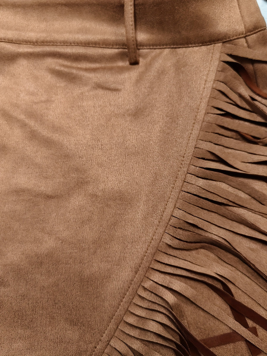 Elegant Women'S Faux Suede Fringe Mini Skirt - Light Brown-1