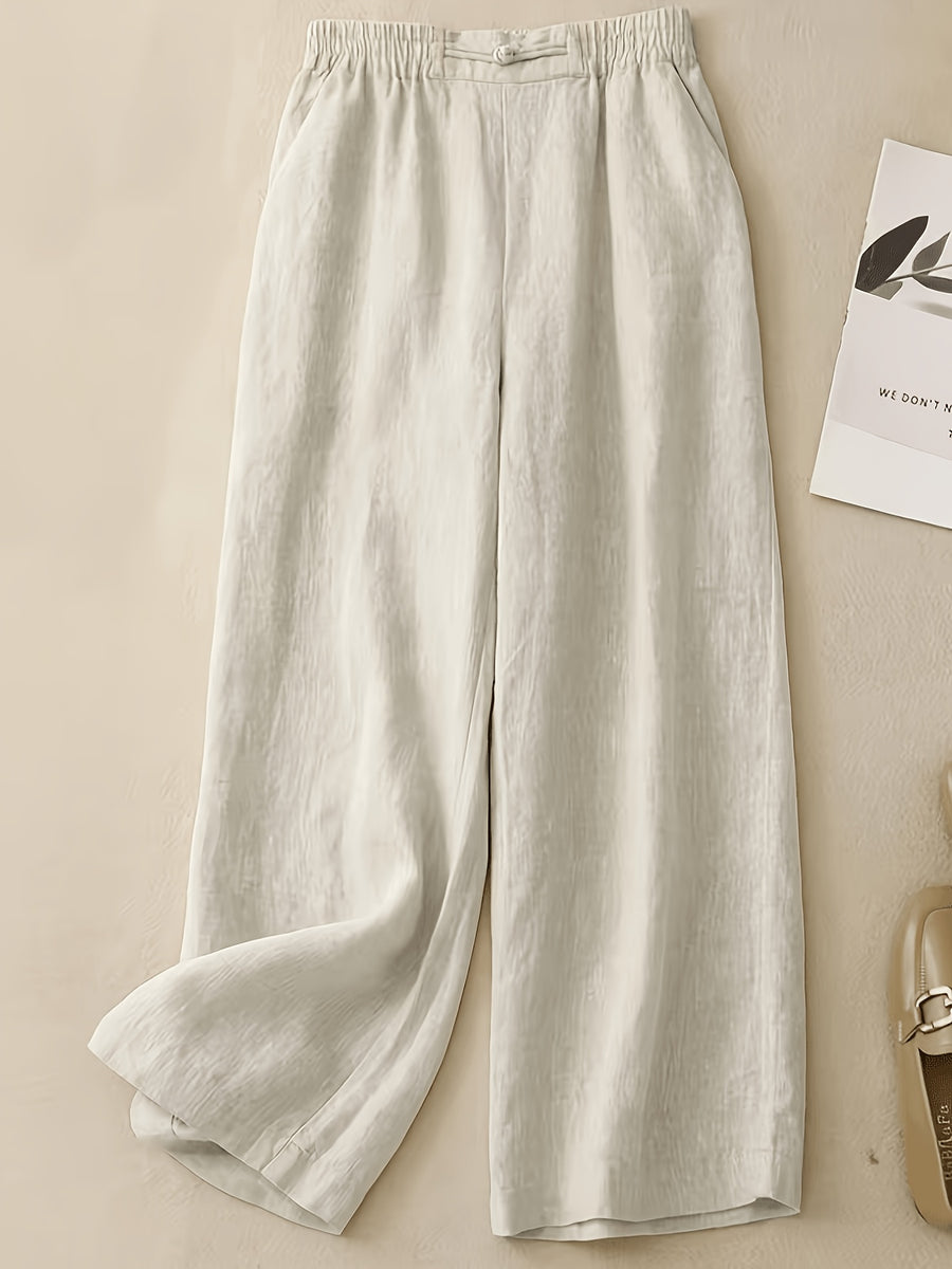 Women's Straight-Leg Ankle Pants with Button Closure & Detail - Loose-Fit Trousers Suitable for Seasons, Solid Color Casual to Dressy Wear, Machine Washable Non-Stretch Pants for Office, Everyday Outfits - Milky