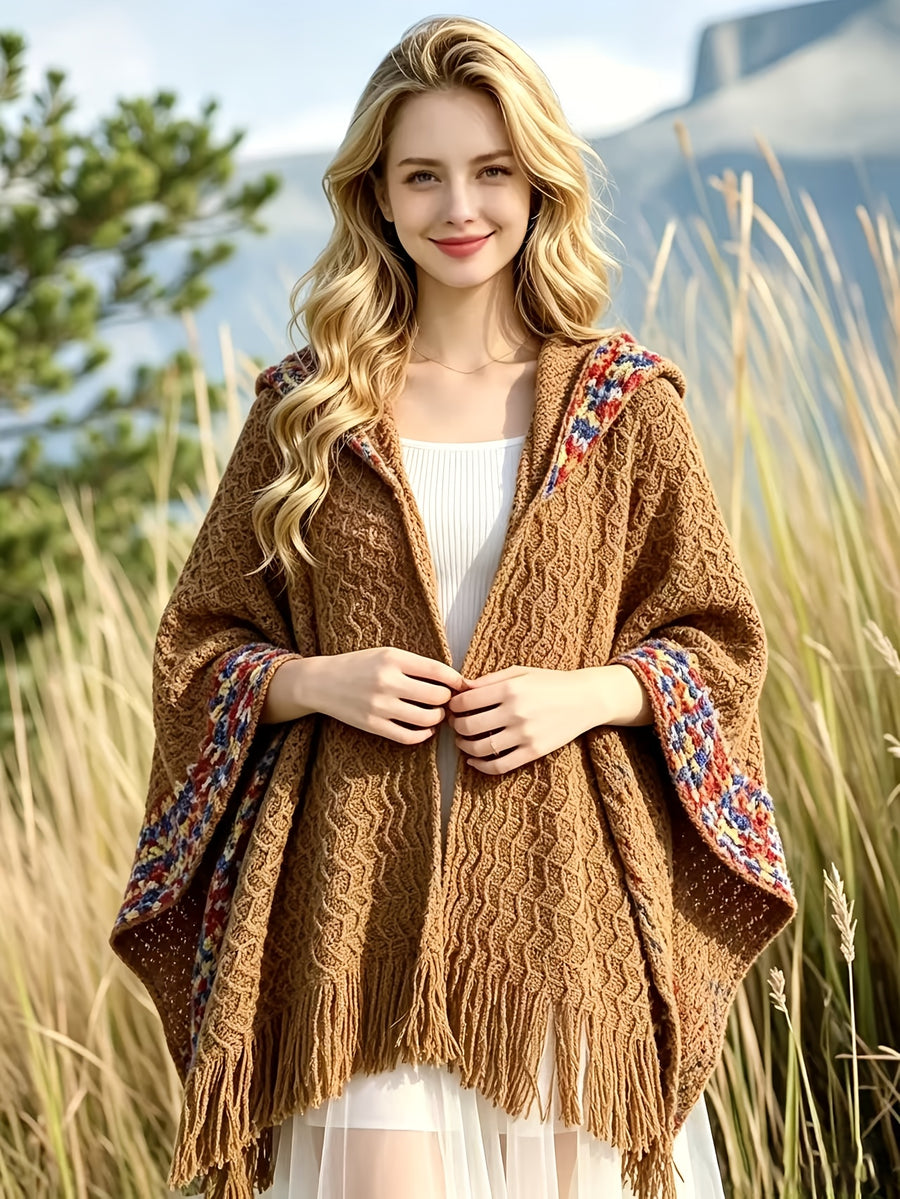 Women'S Cardigan Coat - Autumn Winter Light Luxury Scarf Cape Jacket, Multicolor Stripes And Tassels with Hood, Elegant Outerwear Cardigan Jacket, Suitable for Travel, Vacation, Photoshoot, Casual Wear, High-End Women'S All-Season Staple - Coffee Color