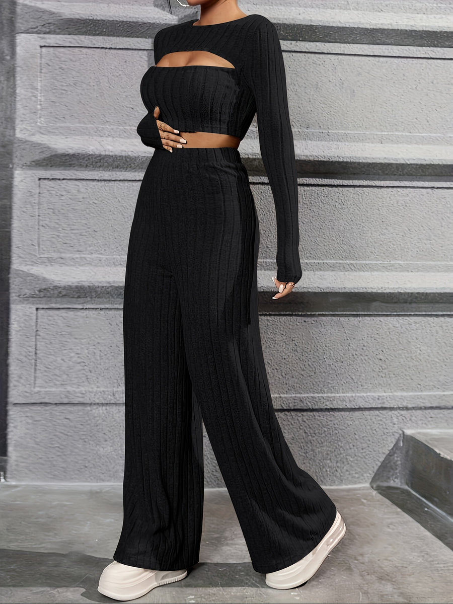 Elegant Directional Women'S Long-Sleeve T-Shirt And Casual Long Pants Set - Black