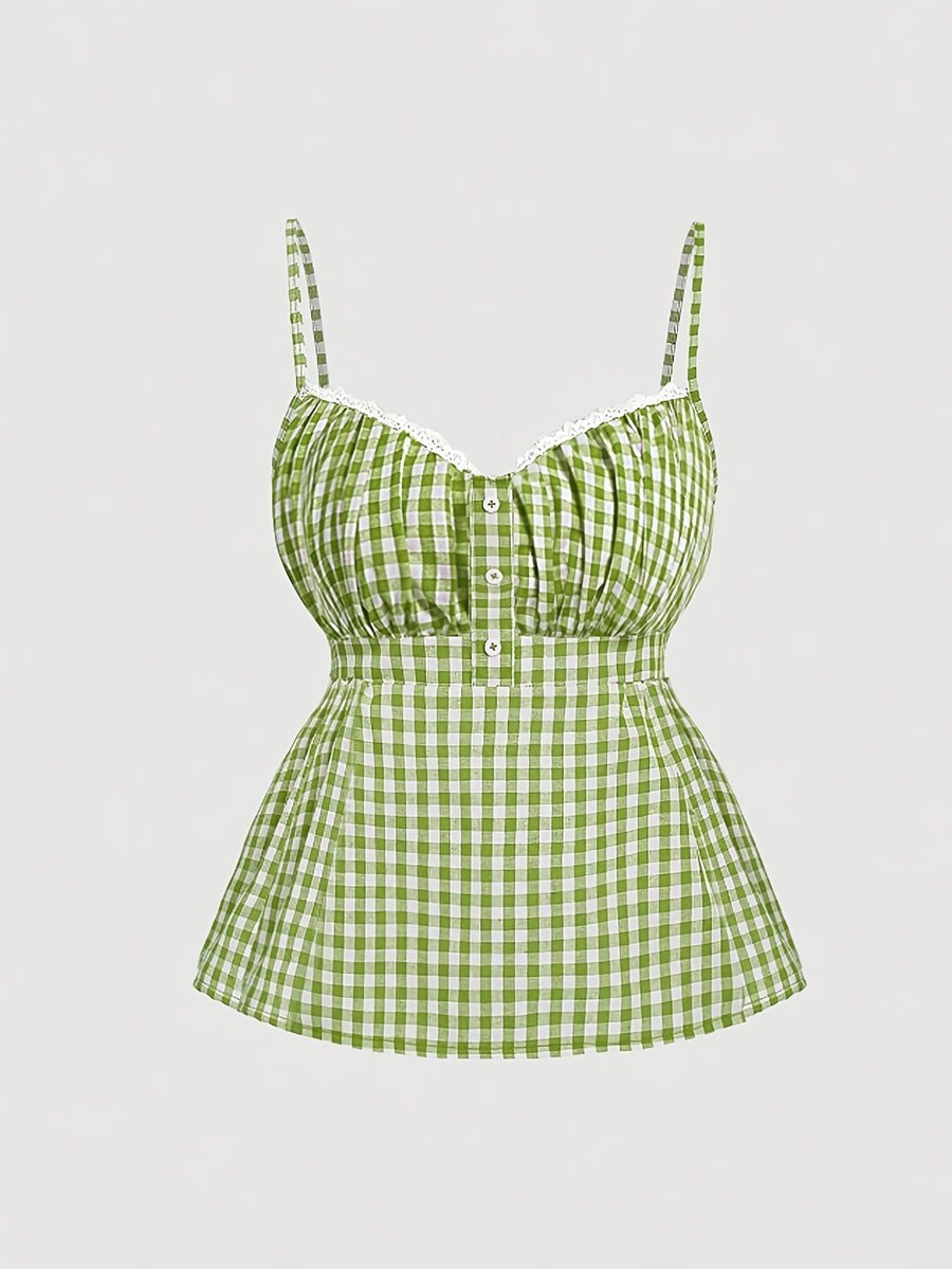 Women's Plaid Button Lace Trim Spliced Spaghetti Strap Top - Green