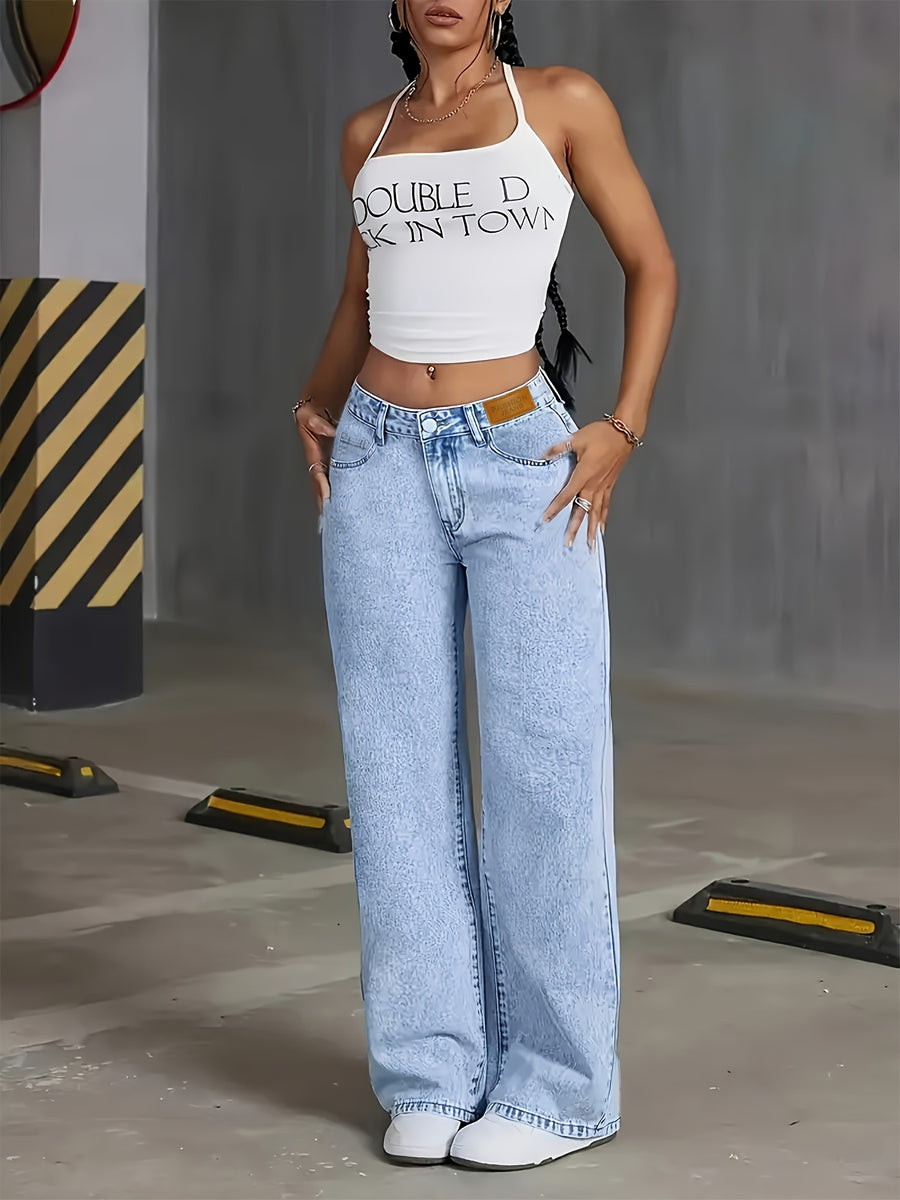 Women's Distressed Snowflake Washed Loose Straight-Leg Jeans - Light Blue