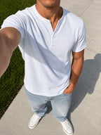[Josh Mei Obm] 3pcs Men'S Waffle Henley Shirts Lightweight Breathable Button Neck Slim Fit Summer Tops for Beach Vacation Outdoor Casual Wear - White+Grey+Blue