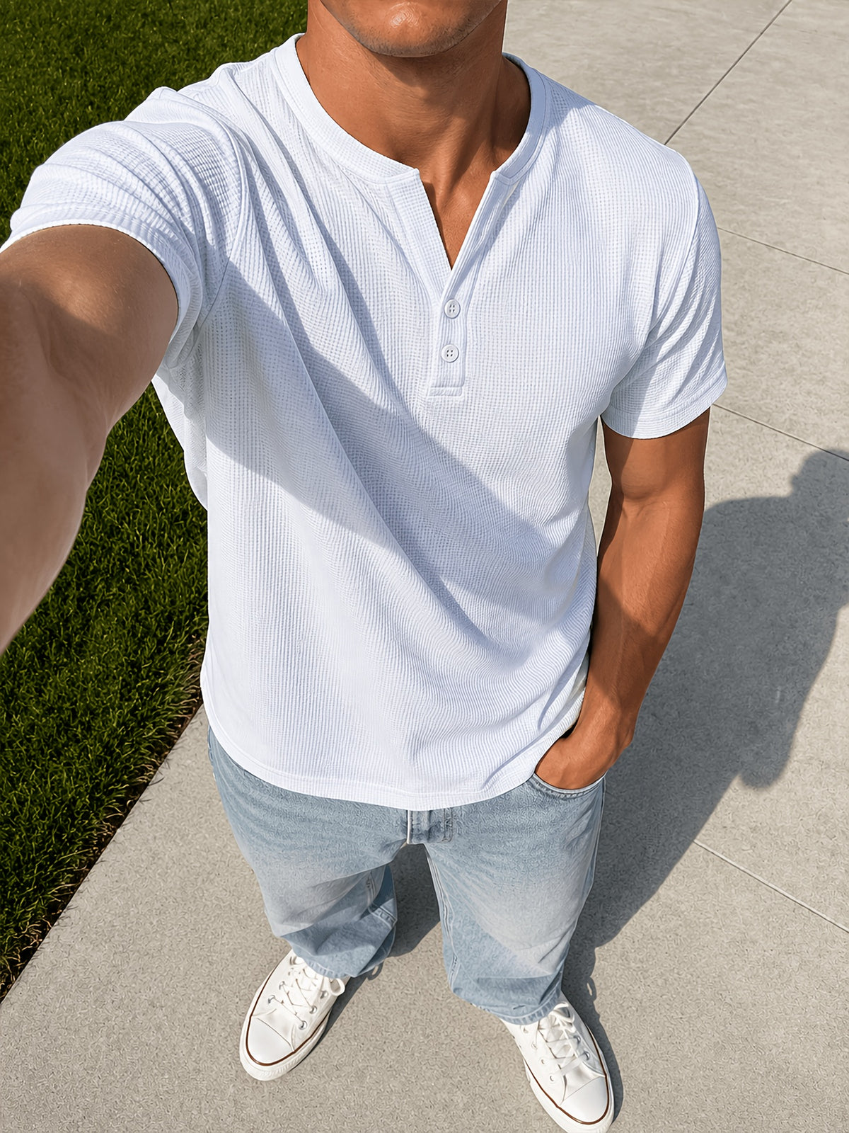 [Josh Mei Obm] 3pcs Men'S Waffle Henley Shirts Lightweight Breathable Button Neck Slim Fit Summer Tops for Beach Vacation Outdoor Casual Wear - White+Grey+Blue