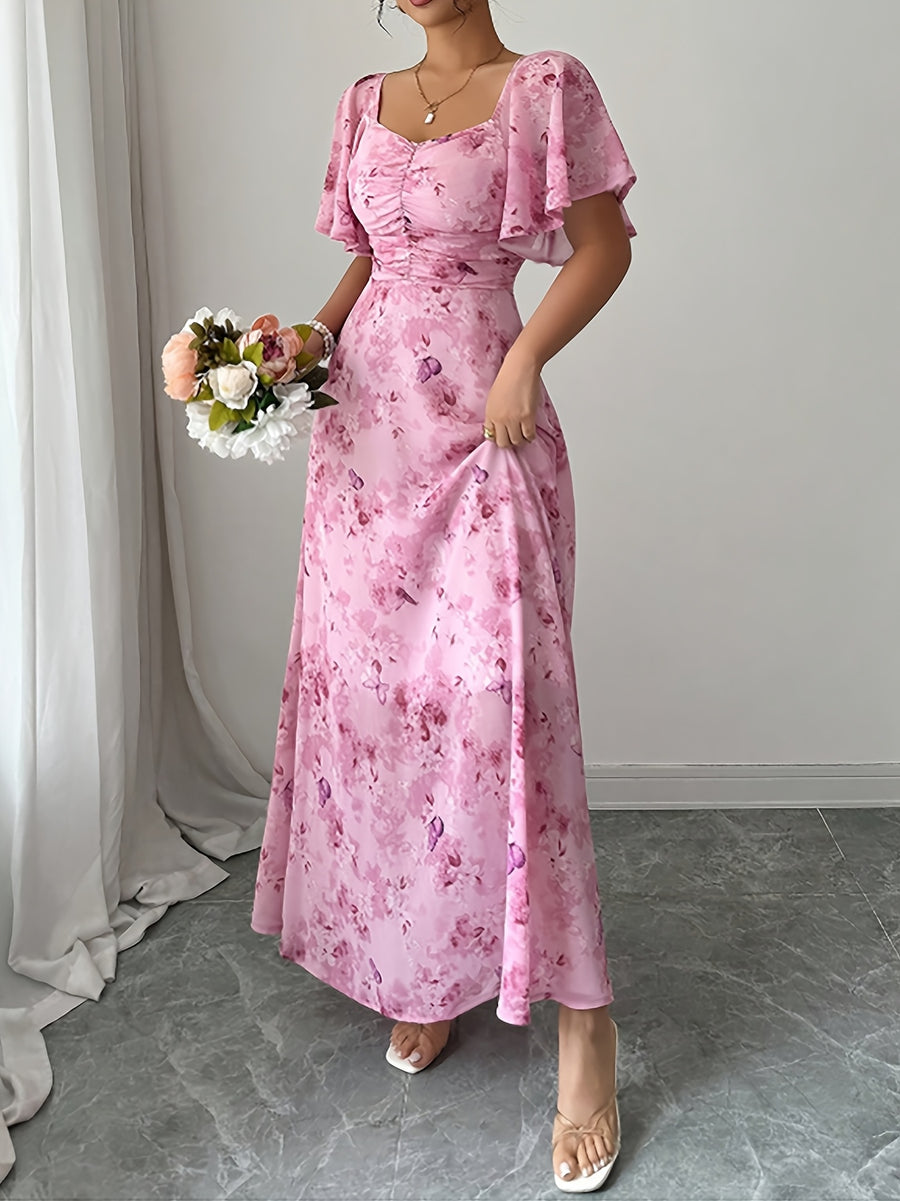 Women'S Elegant Exquisite Date Party Attire Square Neck Ruffle Sleeve Floral Print Tailored Waist-Cinched A-Line Fashionable Romantic Wedding Guest Graduation Birthday Evening Gown Bridesmaid Dress - Pink