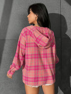 Directional Plaid Print Off-Shoulder Hooded Shirt, Long Sleeve Top - Peach