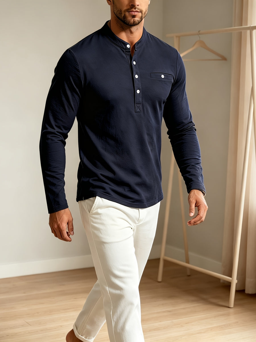 Men Spring Autumn Textured Mandarin Collar Henley 5-button Long Sleeve Top. Slim Soft Breathable Wrinkle-resistant Long Tee for Daily Business Commute & Casual Wear. - Navy Color