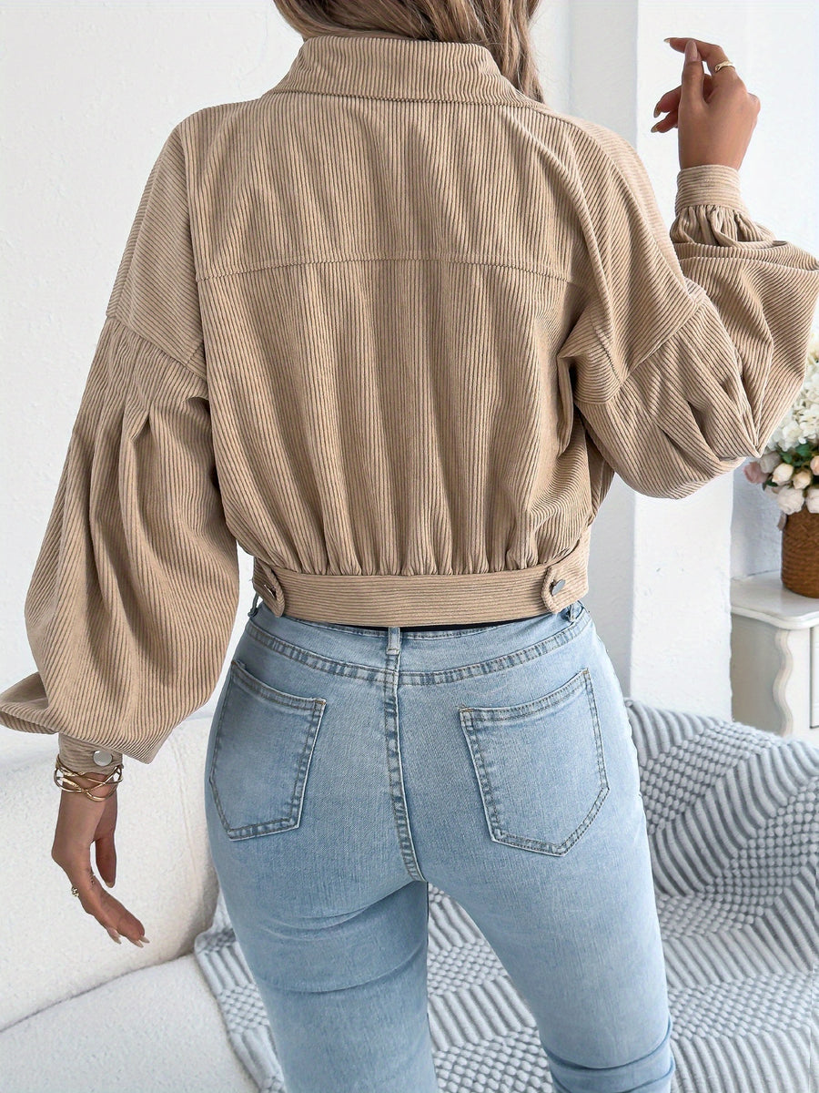 Spring Autumn Casual Vacation Solid Color Single Breasted Lantern Long Sleeve Corduroy Short Coat Women'S Jacket - Khaki