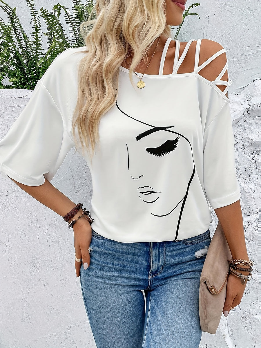 Unique Printed Off-Shoulder T-Shirt, Casual Summer Top for Women - White