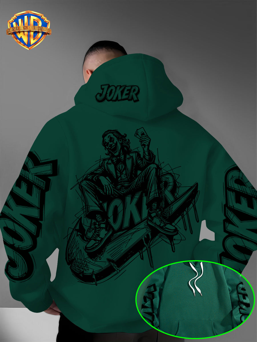 Authorized by Warner Bros., Joker Graffiti Style Print, Hat Design Pattern, Multi-Functional Street Style Men'S Hoodie, Comfortable Casual, Suitable for Autumn And Winter - Green