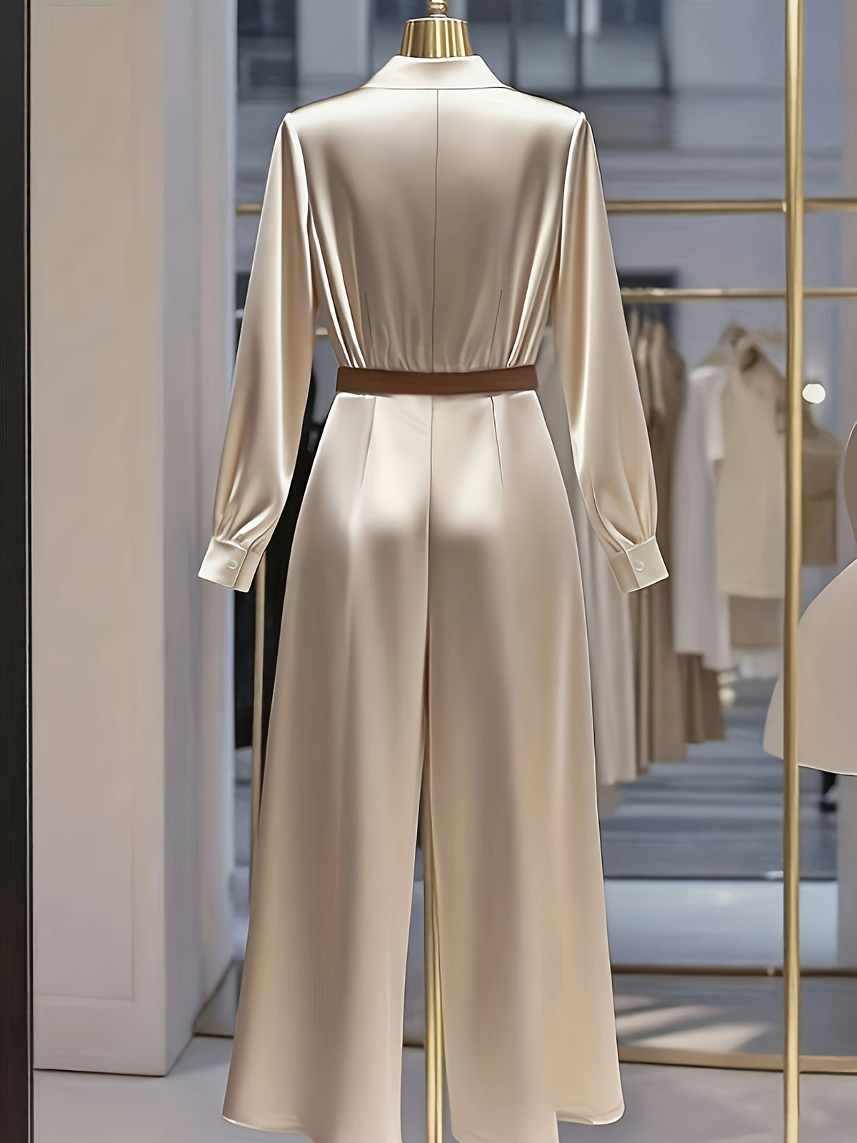 Ladies' Elegant Solid Color V-Neck Jumpsuit - Khaki