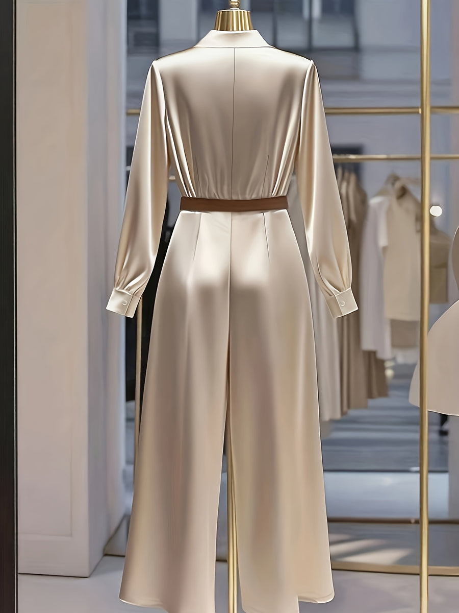 Ladies' Elegant Solid Color V-Neck Jumpsuit - Khaki