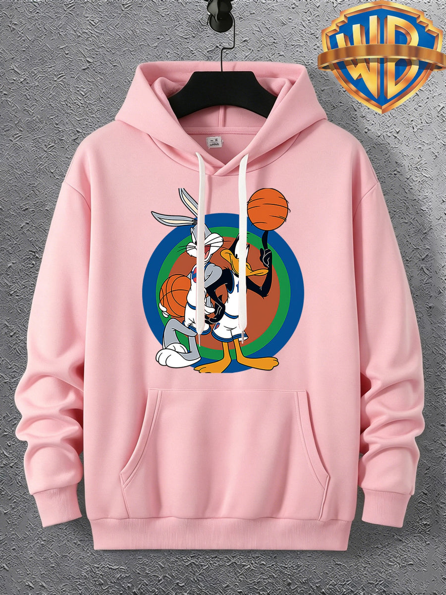 Warner Licensed Men'S Autumn Long Sleeve Hooded Sweatshirt, Durable Ribbed Cuffs, Breathable Polyester Fabric, Round Bottom with Rabbit And Duck Cartoon Print, Suitable for School Youth Casual Wear, Class, Club, Court Activities - pink