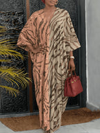 Women'S Zebra Print Contrast V-Neck Long Sleeve Dress - Spring New Loose Casual Vacation Style Maxi Dress - Apricot