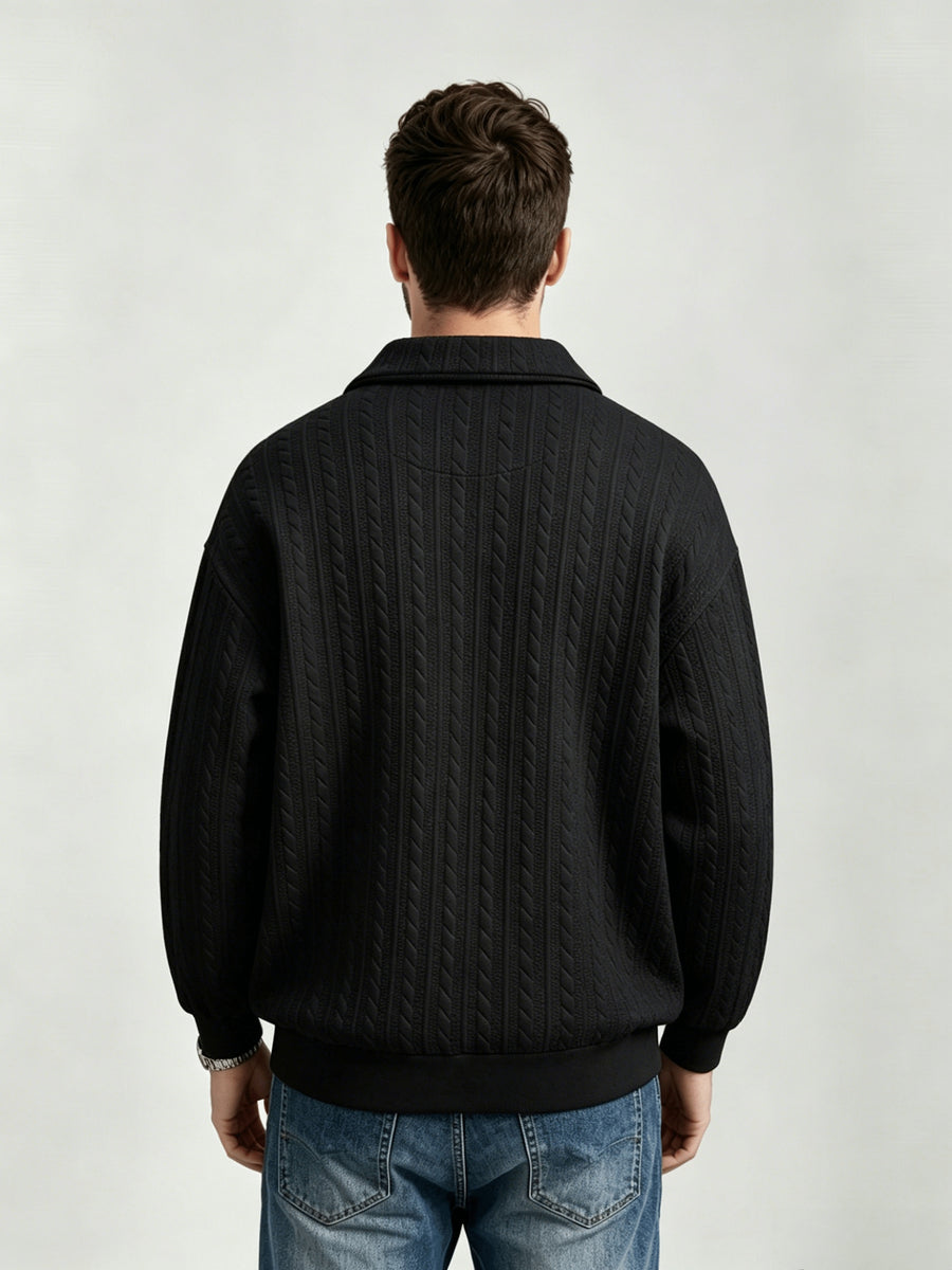 Men'S Vintage Jacquard Knit Lapel Sweatshirt Loose Fit Half-Button Textured Pullover Top Casual Street Style Long Sleeve Lapel Sweater - Black