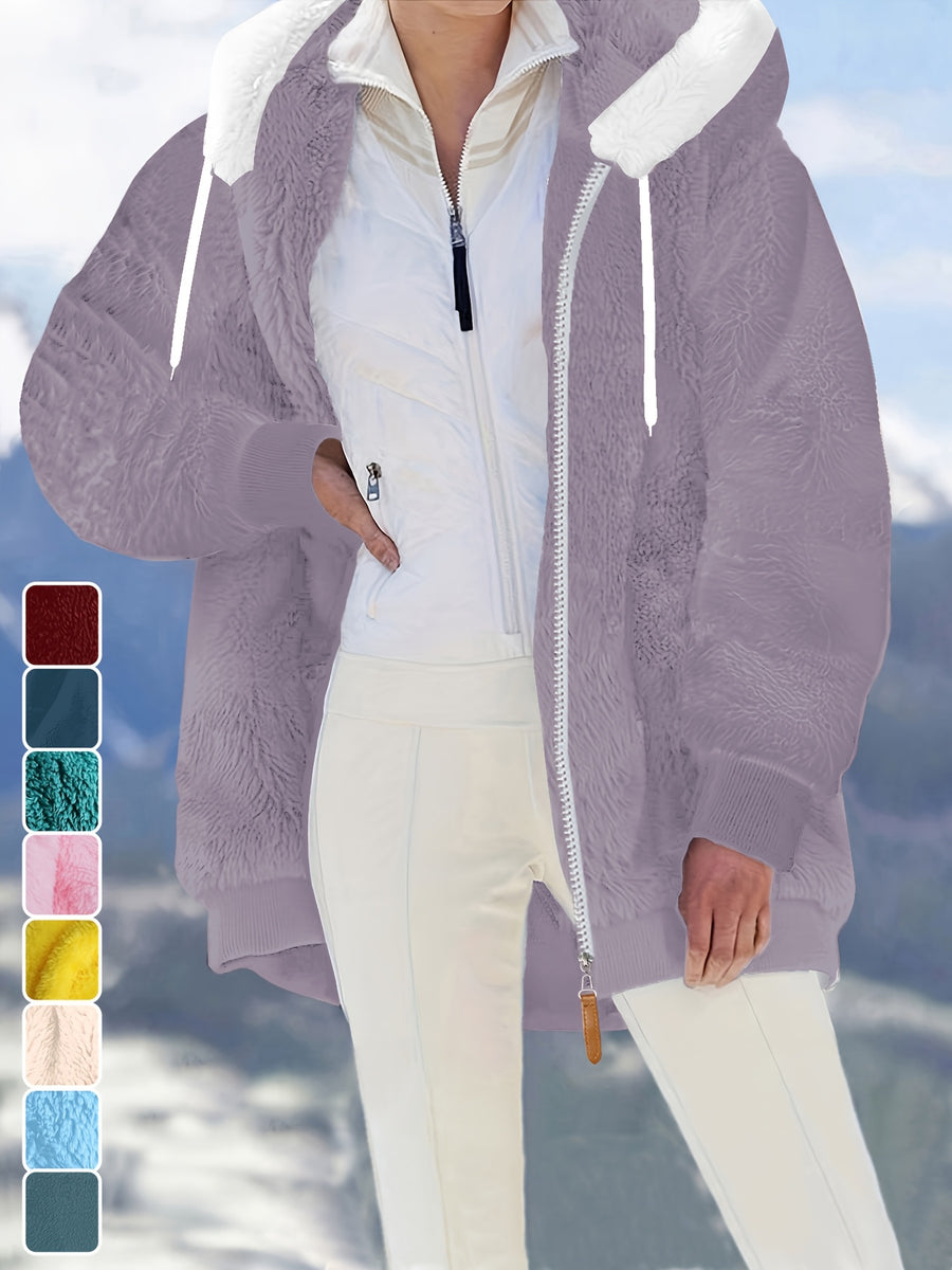 Ladies Autumn Winter Relaxed Cut Plush Hooded Outercoat, Contrast Color Trim Zip Front Warm Lined Jacket, Ribbed Cuff Windproof Casual Outerwear for Daily Commuting and Cold Season Everyday Styling - Fuchsia