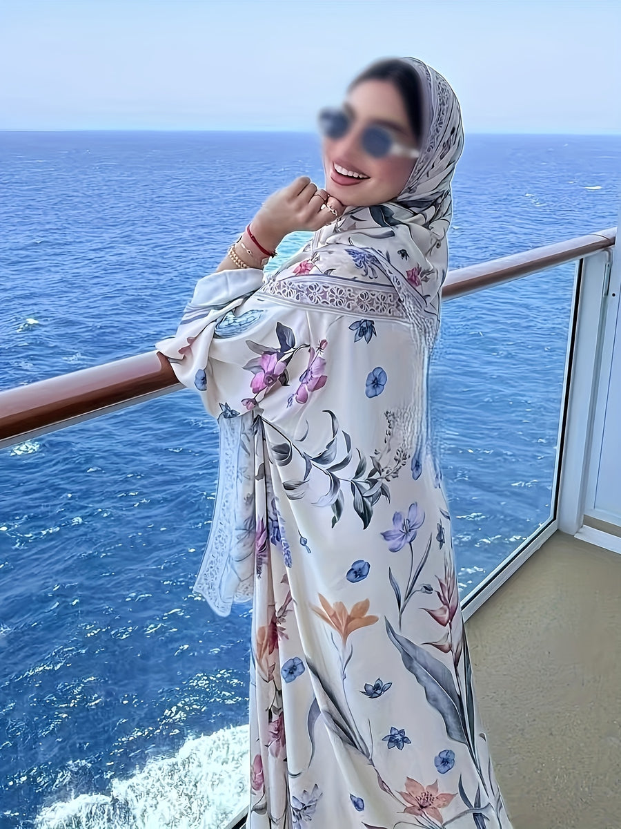 2pcs Set (Khimar And Abaya) Printed Muslim Prayer Outfit, Printed Long Cardigan Abaya And Matching Printed Headscarf Hijabs, Casual Outing Essential Fashion Item Prayer Jilbab, Women'S Abaya Robe - White
