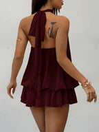 Women's Elegant Cream Yellow Chiffon Backless Tie-waist Mini Dress, Women's Date Dress, Women's Summer Dress, Women's Sundress, Women's Elegant Party Dress, Women's Birthday Dress. - Burgundy