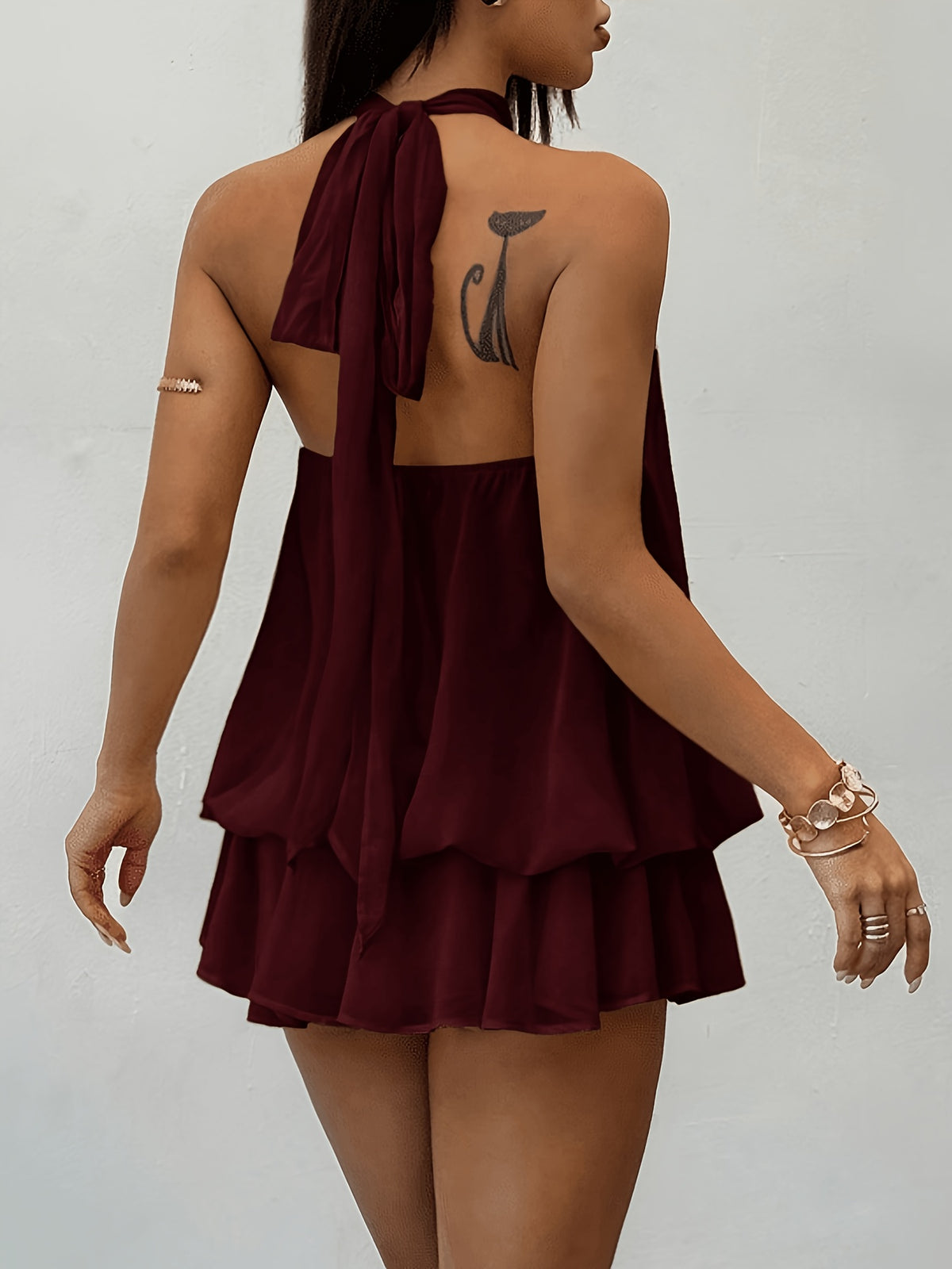 Women's Elegant Cream Yellow Chiffon Backless Tie-waist Mini Dress, Women's Date Dress, Women's Summer Dress, Women's Sundress, Women's Elegant Party Dress, Women's Birthday Dress. - Burgundy