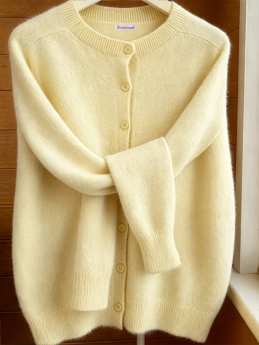 Spring Autumn Solid Color Round Neck Button Sweater Open Cardigan, Loose Casual Fashion Versatile Jacket, Soft Comfortable Elegant Women'S Top - 【Light Yellow】