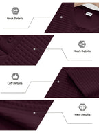 Men's Autumn Two-pc Waffle Knit Henley Long-Sleeve Sweater, Soft Three-Dimensional Checkered Textured Fabric, Three-Button Placket for Adjustable Collar, Simple Casual Commuter Style, Can Be Worn Alone or as a Layering Piece, Suitable for Daily - Wine Red, White