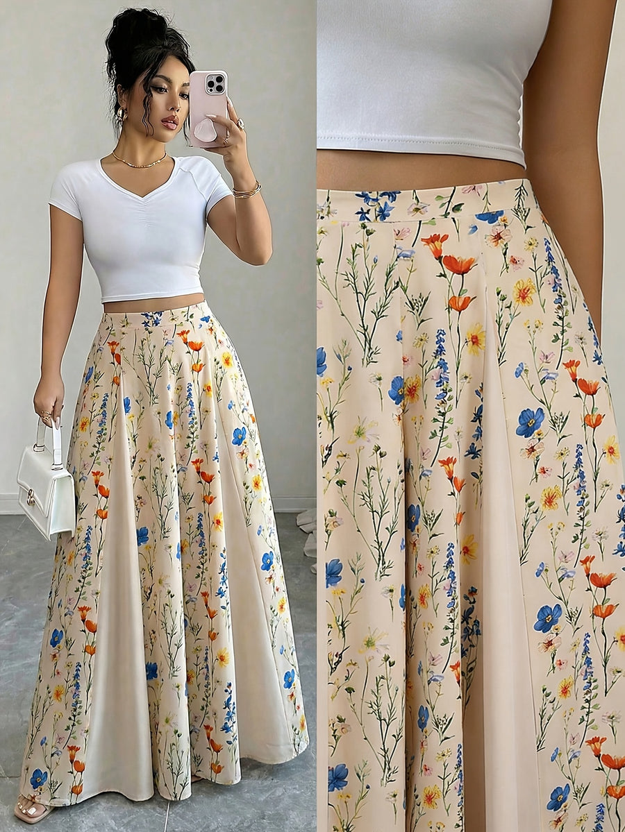 Elegant A-Line Printed Skirt Pants for Women, Perfect for Outings, Vacations, And Commuting in Spring And Summer - Apricot