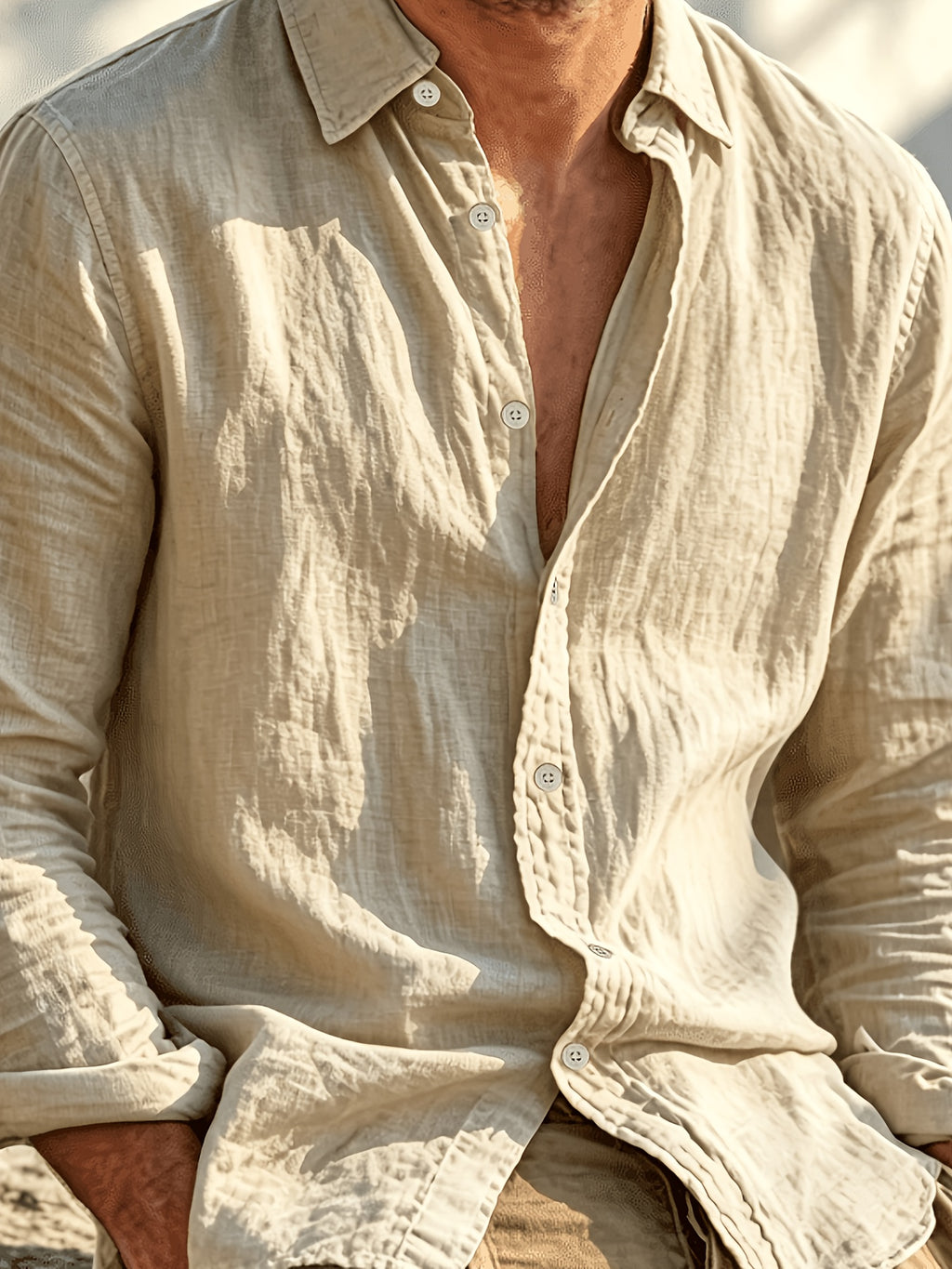 Single Piece Summer Men's Cotton and Cotton And Linen Blend Long Sleeved Shirt, 26 Year Fashionable and Simple Style, Loose Fit, Button up Cardigan Versatile Design, Soft and Breathable Fabric, Preferred for Daily Leisure Commuting - Khaki