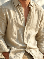 Single Piece Summer Men's Cotton and Cotton And Linen Blend Long Sleeved Shirt, 26 Year Fashionable and Simple Style, Loose Fit, Button up Cardigan Versatile Design, Soft and Breathable Fabric, Preferred for Daily Leisure Commuting - Khaki