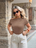 Women'S Fashion Summer Solid Color Asymmetrical Neck Short Sleeve Slim Fit Ruched T-Shirt, Suitable for New Year Wear - Brown