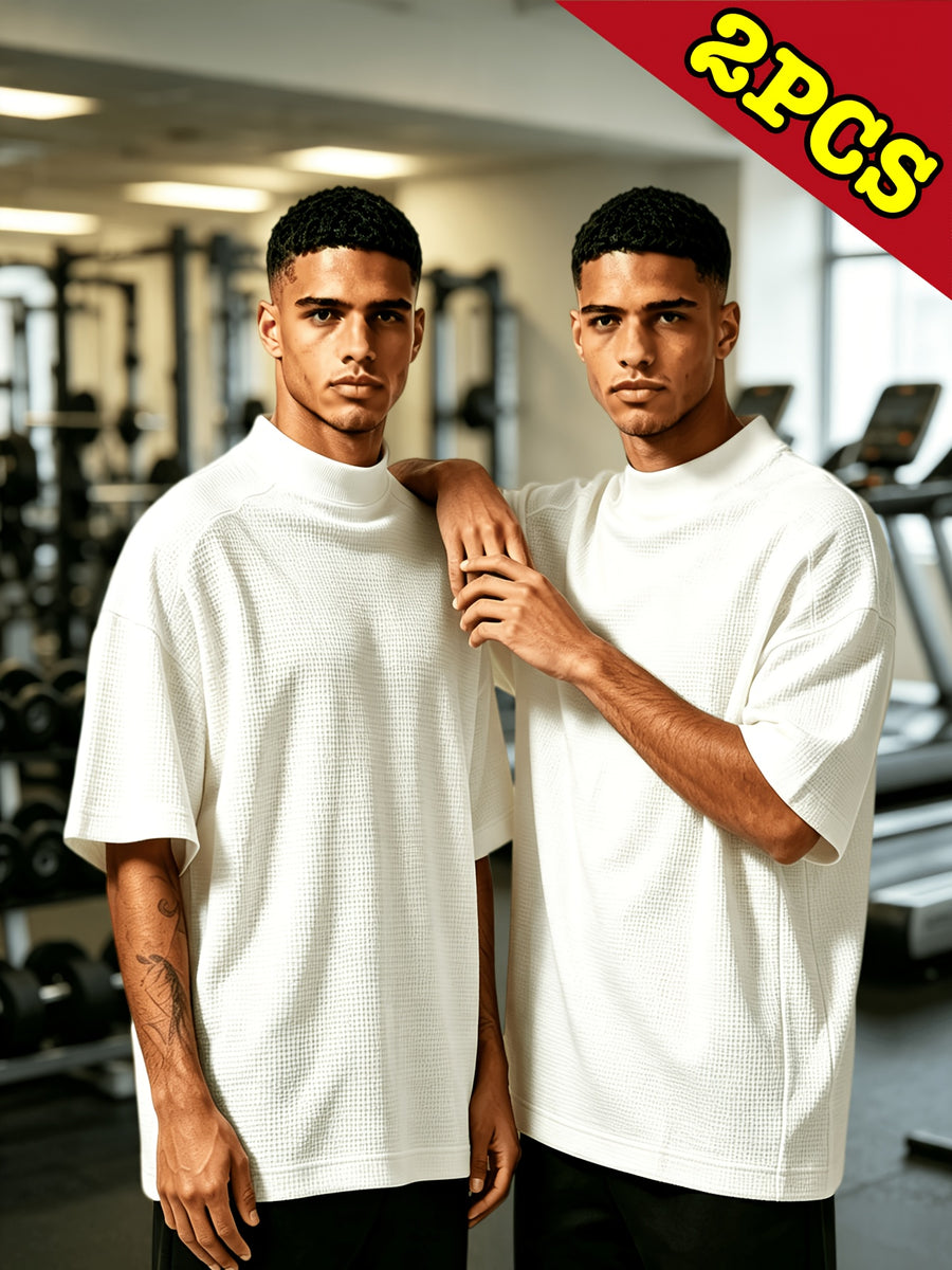 Men's Waffle Knit T-Shirt 2pcs Set - Short-Sleeve Half-Turtleneck Base Layer & Outerwear, Loose Fit Round Neck Suitable for Summer, Machine Washable Solid Color Casual Shirts for Layering, Layered Outfits - White