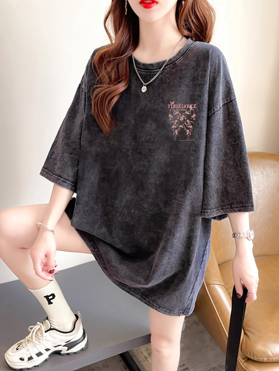 Fashion Women's Heavyweight Washed Distressed Short Sleeve T-Shirt with Cartoon Print, Design, Unique and Stylish #1111 - Black