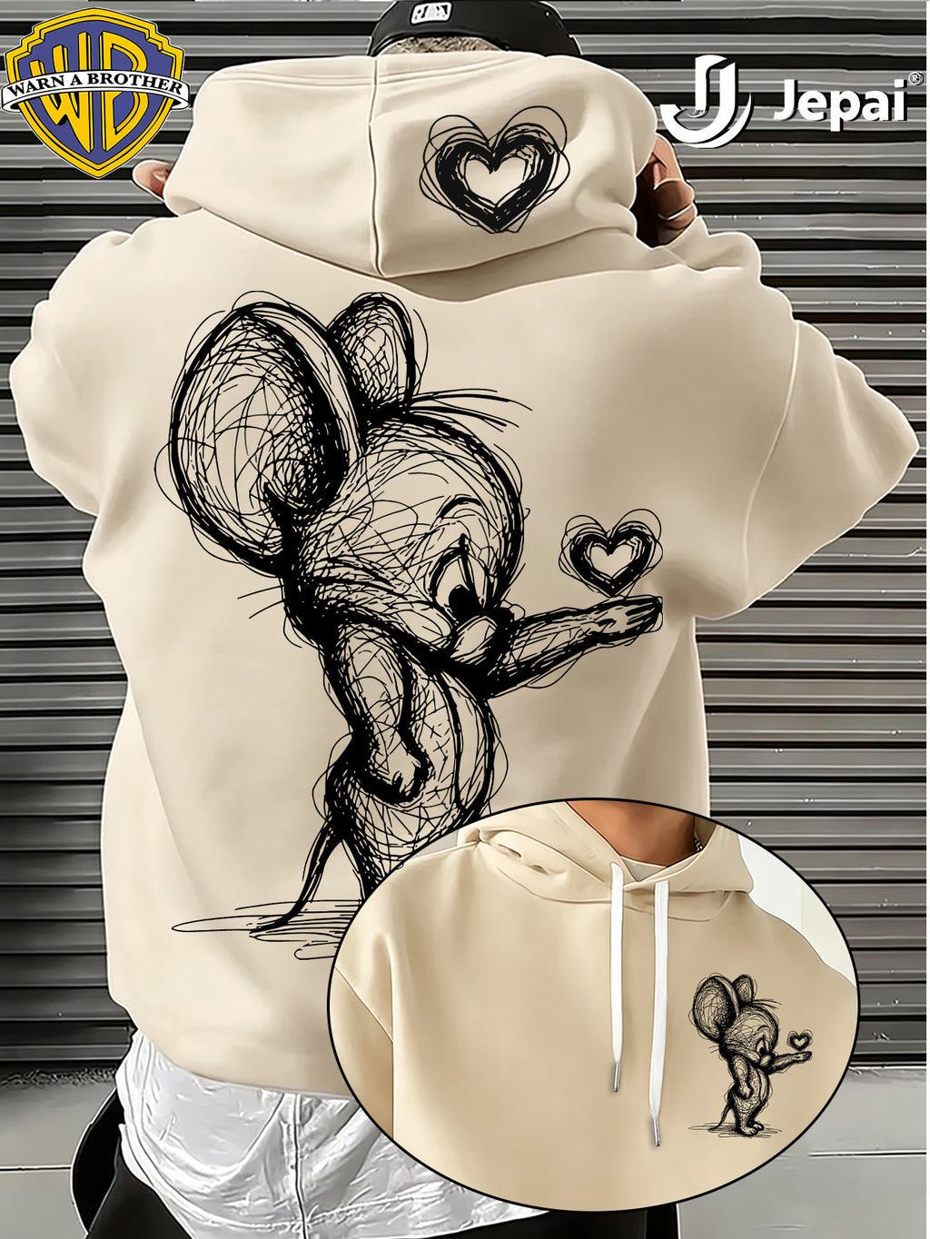 Official Warner Bros., Trendy Cool American Street Style Classic Character Theme Print Hoodie, American Street Style Unisex Long Sleeve Top, Suitable for Daily And Outdoor Activities, Ideal Warm Outerwear Choice for Autumn And Winter! - Apricot