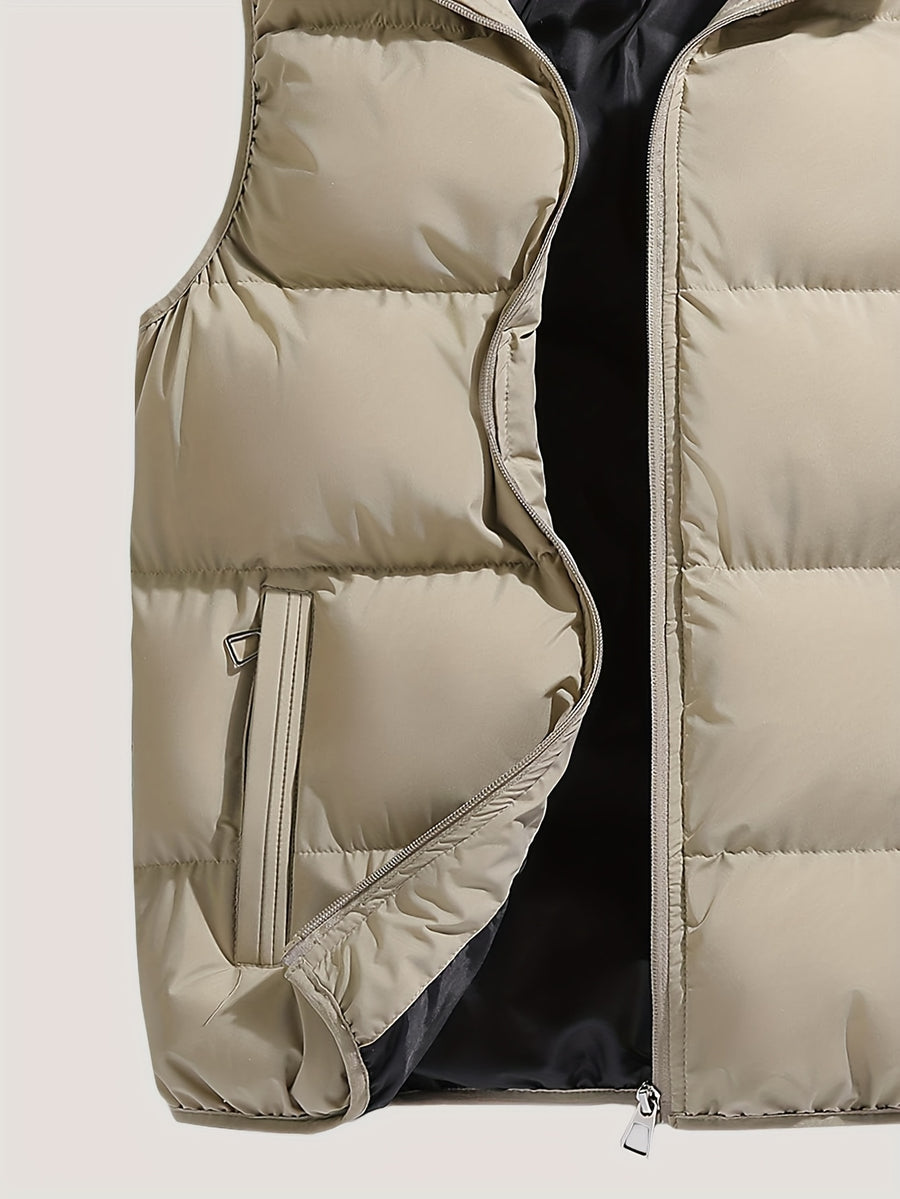 Men'S Autumn Winter Solid Color Vest, Outdoor Casual Fashion Thickened Waistcoat, Quilted Casual Warm Jacket with Removable Hood, Zippered Pockets, Men'S Cold Weather Jacket Top. Suitable for Multi-Scene Wear - Khaki