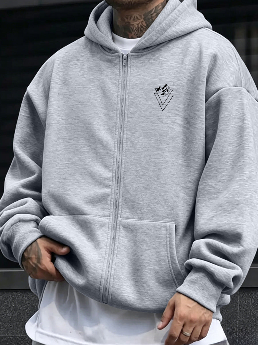 2026 New Men's Zip-Up Hoodie - Casual Pullover with Kangaroo Pocket, Stretch Fabric,  Letter Graphic Print, Versatile and Fashionable Style, Perfect Choice for Fall - Light Grey