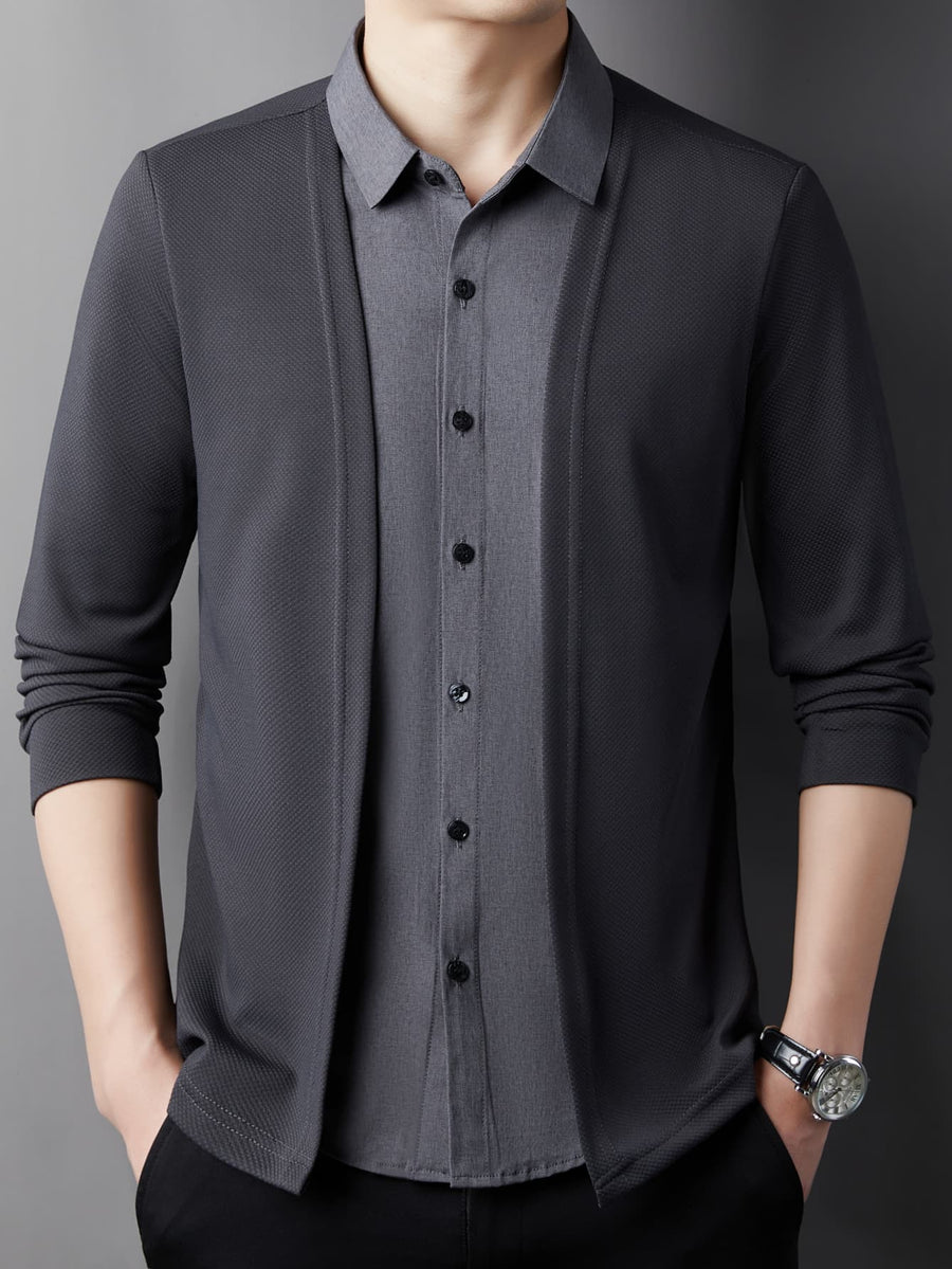 Old Money Style Lapel Patchwork Design, Simple Early Autumn Men's Color-Blocked Fabric, Skin-Friendly, Soft, and Warm, Can Be Worn as Inner or Outer Layer, Trendy Outfit for Work Commute, Business Casual, Daily Outings, Men's Casual Sport Sweater - Grey