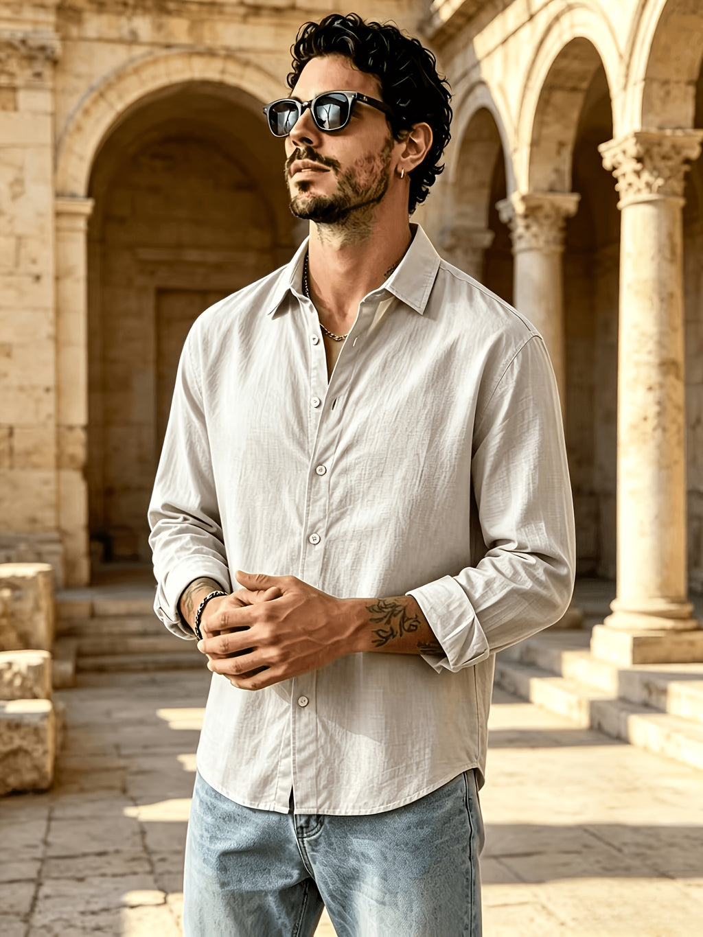 Men's Button Front Long Sleeve Shirts for Summer, Classic Solid Color Lapel Casual Work Shirts, Loose Fit Lightweight Breathable Daily Tops, Vintage Fashion Outdoor Vacation Blouses - Light Grey