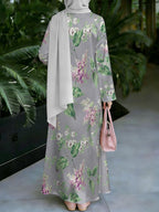 Women's Middle Eastern Style Muslim Elegant Robe, Gray Base with Lilac Floral Print Maxi Dress, Loose Straight Cut with Long Sleeves, for Festivals, Prayers, and Gatherings, Wrinkle-Resistant Non-Embroidered Craftsmanship, Gentle - Mixed colors
