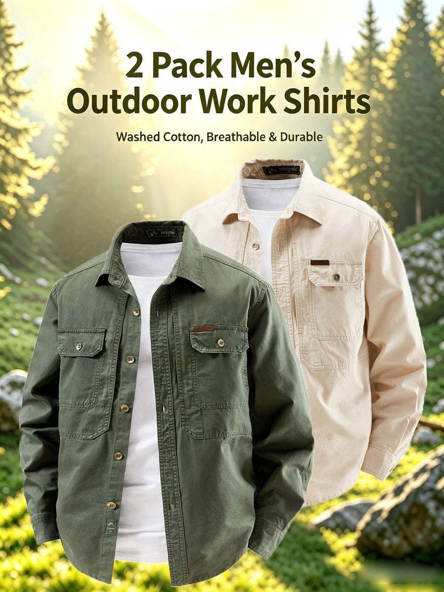 2pcs Men'S 100% Utility Long Sleeve Shirts, Spring/Autumn Vintage Washed Loose Fit, Stiff Non-Deformable Collar, Large Capacity Chest Pockets for Phone, Brass Metal Buttons, Straight Windproof Cuffs - Army Green+Creamy White