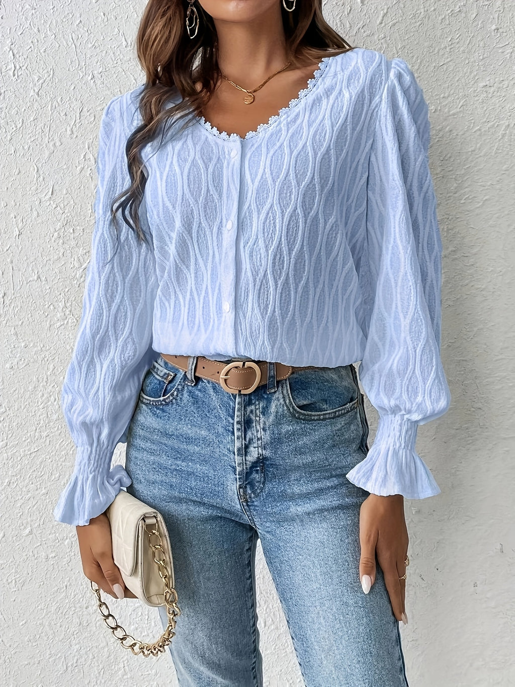 Elegant V-Neck Guipure Lace Trim Flounce Sleeve Button Long Sleeves Front Blouse Going Out Tops - Blue