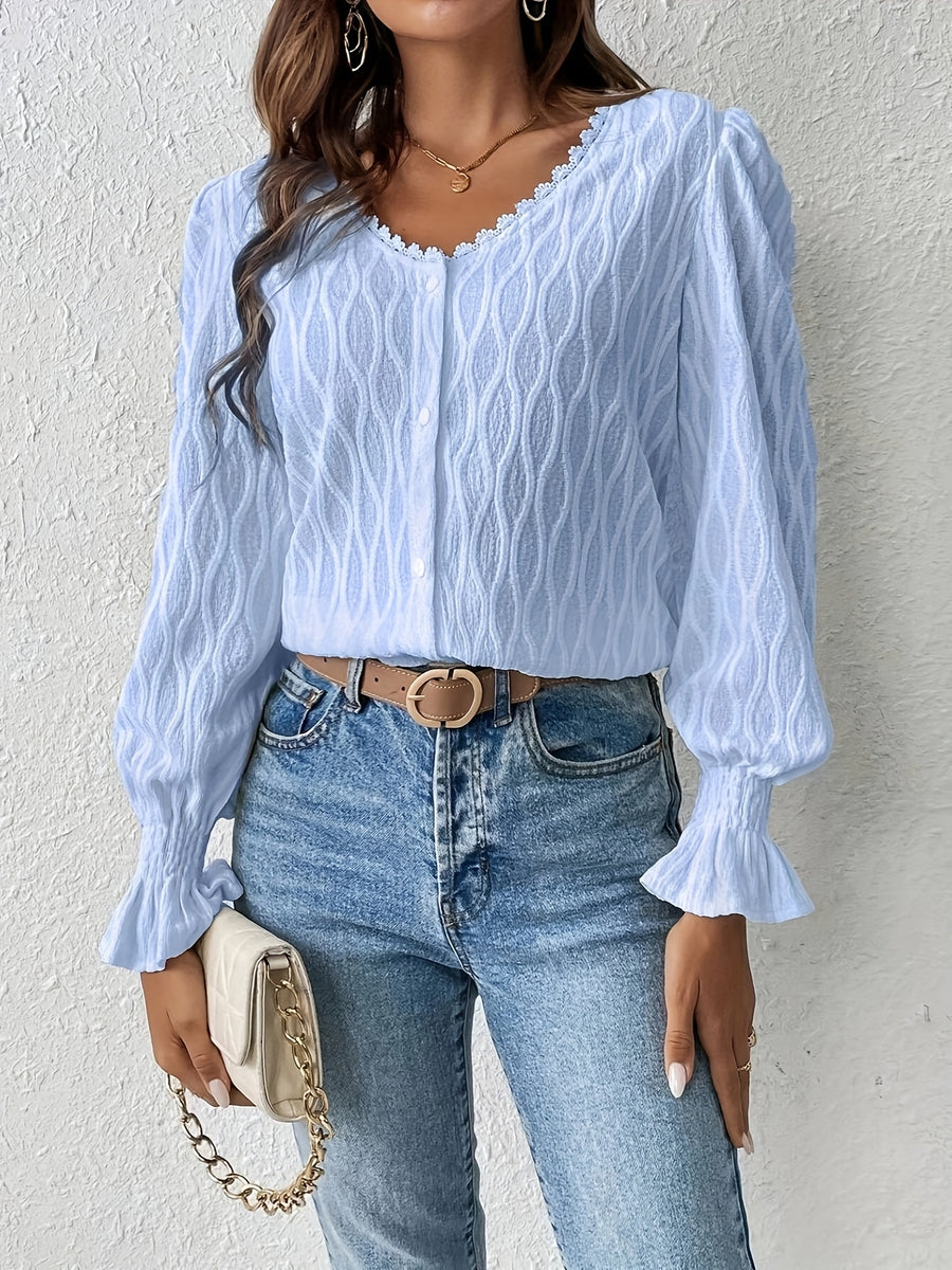 Elegant V-Neck Guipure Lace Trim Flounce Sleeve Button Long Sleeves Front Blouse Going Out Tops - Blue