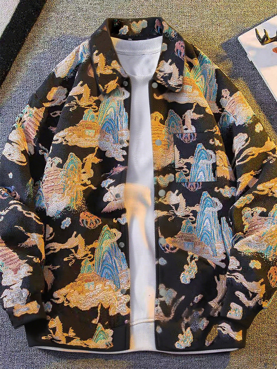 Men'S American Retro All-Over Floral Woven Teddy Bear Shirt Jacket, Men'S Autumn Premium Trendy Brand Bad Boy Influencer Casual Shirt - Black