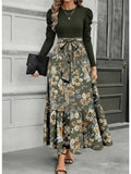 Elegant Everyday Casual Military Green Patchwork Floral Print Long Sleeve Maxi Dress for Women | Vintage Elegant Style, Suitable for Daily Outings, Light Socializing, and Banquet Occasions, Spring/Summer Dress - fern green