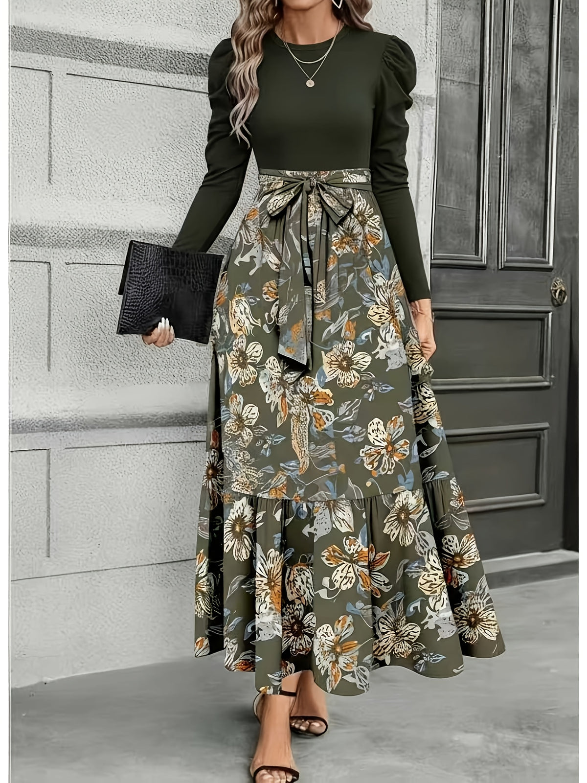 Elegant Everyday Casual Military Green Patchwork Floral Print Long Sleeve Maxi Dress for Women | Vintage Elegant Style, Suitable for Daily Outings, Light Socializing, and Banquet Occasions, Spring/Summer Dress - fern green