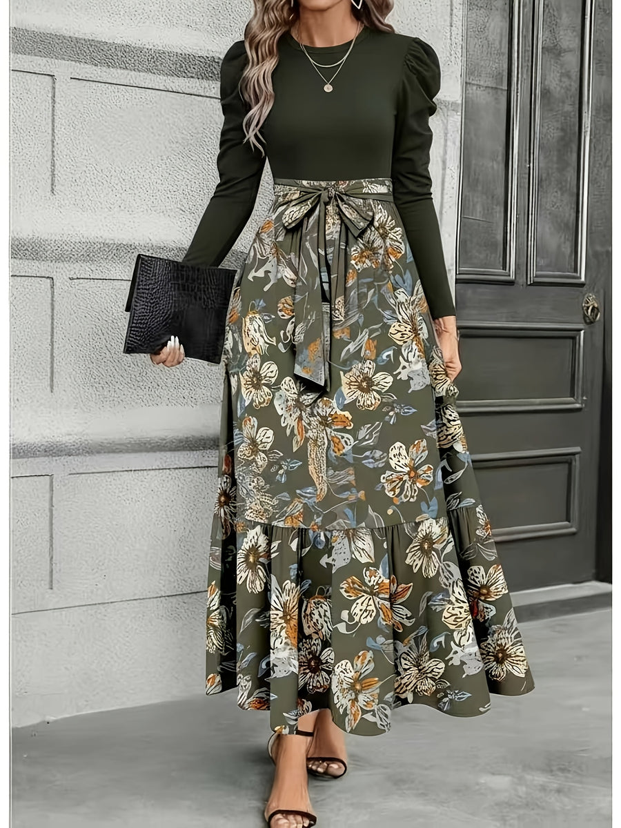 Elegant Everyday Casual Military Green Patchwork Floral Print Long Sleeve Maxi Dress for Women | Vintage Elegant Style, Suitable for Daily Outings, Light Socializing, and Banquet Occasions, Spring/Summer Dress - fern green