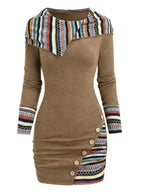 European And American Fashion Women'S Ethnic Style Geometric Striped Patchwork Hooded Long-Sleeve Fitted Dress - Khaki