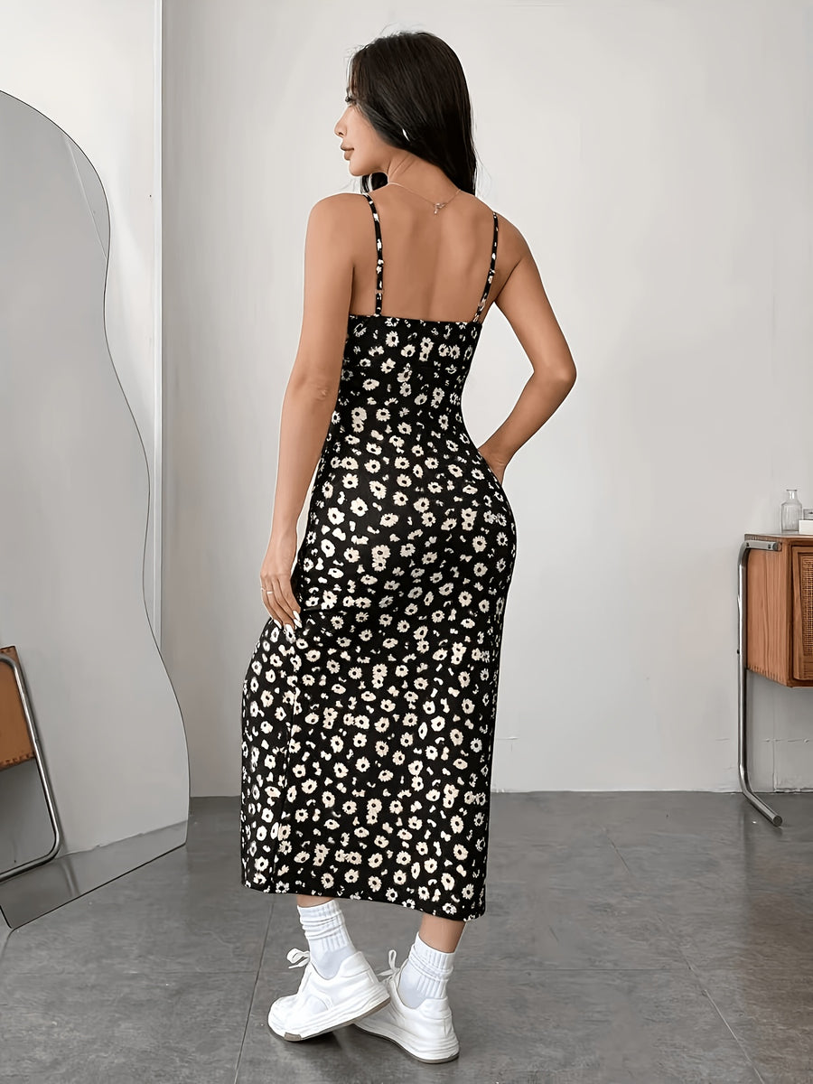 Casual printed simple daily high side split Women's dress, simple and atmospheric for vacations and gatherings - Black