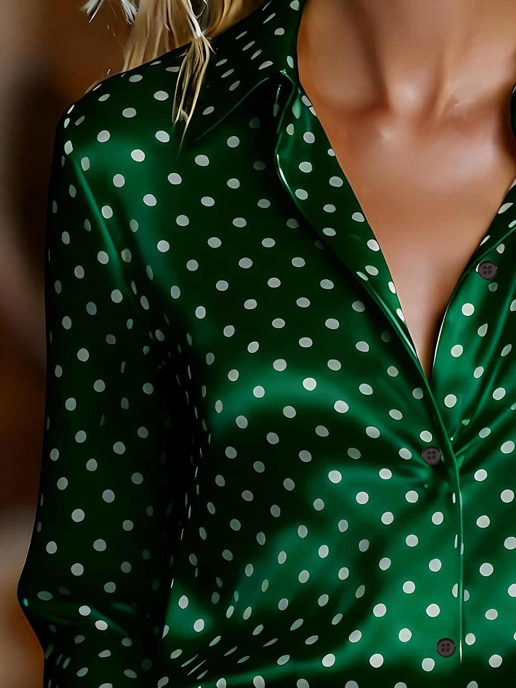 Ladies' Spring/Autumn Elegant Versatile Polka Dot Blouse - Dark Green